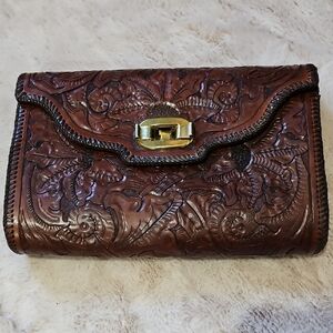 EUC Tooled Elegant Brown Leather Clutch